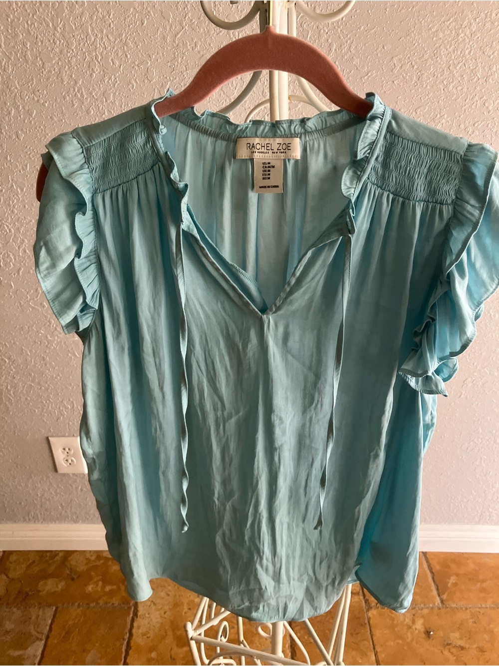 Rachel Zoe Blue Ruffle Sleeve V-Neck Blouse